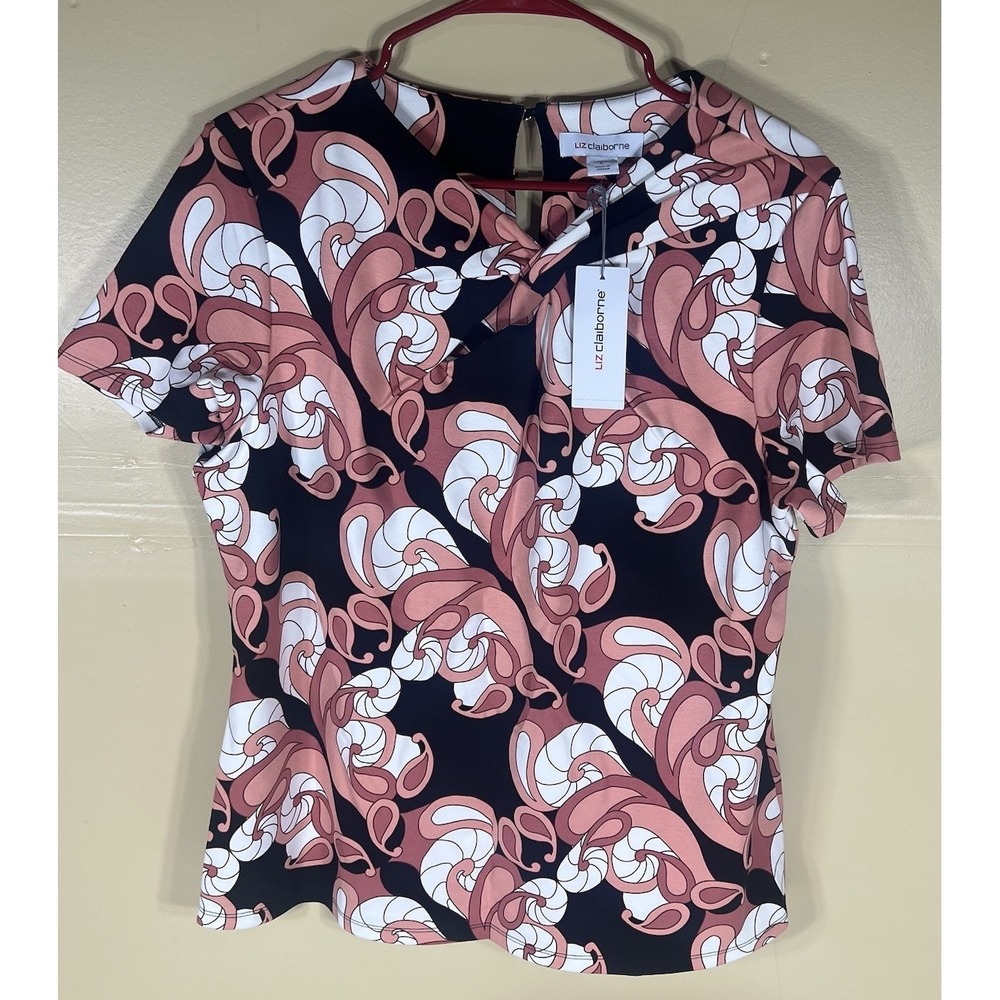 NWT Liz Claiborne Womens Large Paisley Blouse Pink Navy Short Sleeve Top